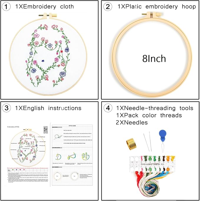 Woman Flowers Embroidery Kits for Beginners Adults, Floral Hand Embroidery Starters Kits, Stamped Cross Stitch Kits DIY Needlepoint Kits for Beginners Adult, Embroidery Hoop, Thread and Video Tutorial