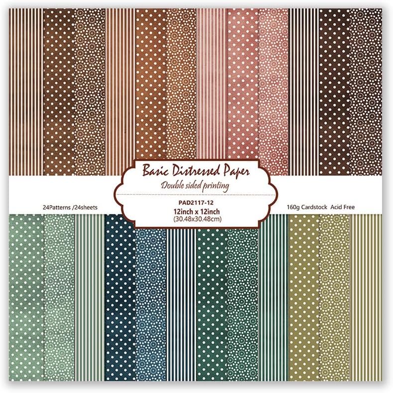 Basic Distressed Scrapbook Paper - 24 Sheets 12" x 12" Double-Sided Vintage Polka Dot & Stripe Design, 160gsm Cardstock for DIY Card Making, Gift Wrapping & Photo Albums