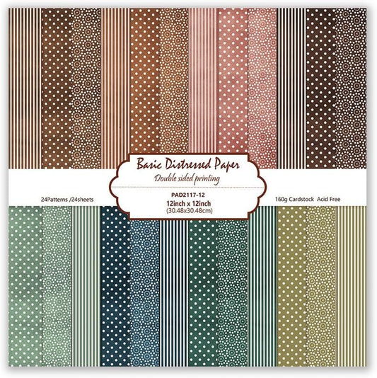 Basic Distressed Scrapbook Paper - 24 Sheets 12" x 12" Double-Sided Vintage Polka Dot & Stripe Design, 160gsm Cardstock for DIY Card Making, Gift Wrapping & Photo Albums