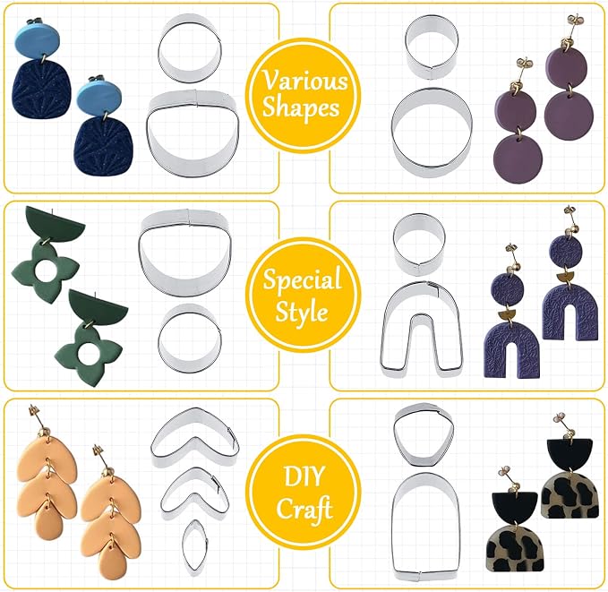 Amylove 72 Pieces Polymer Clay Roller Tools Machine Clay Conditioning Machine Polymer Clay Cutter Kit with Shapes Stainless Steel Clay Earring Cutters Earring Hooks Accessories for Clay Earring Making