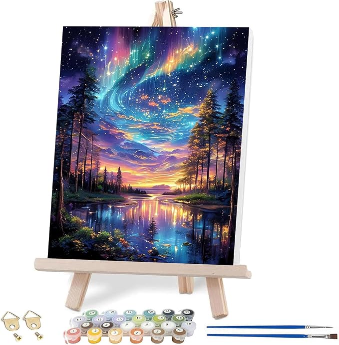 VIGEGU Aurora Paint by Numbers Kit for Adults with Framed 10x12in | Starry Sky Landscape Paint by Number DIY Adult Paint by Number Kits Acrylic Oil Painting for Wall Decor