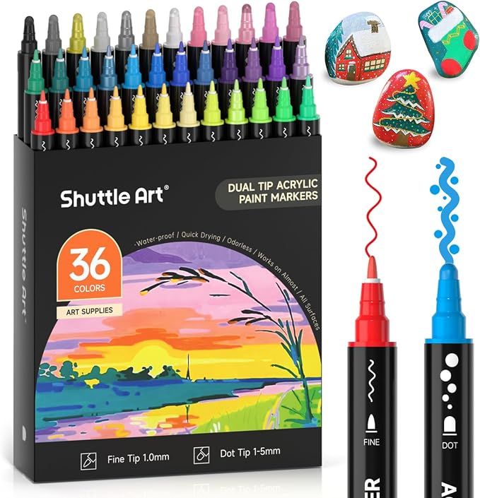 Shuttle Art 36 Colors Dot & Fine Tip Acrylic Paint Markers