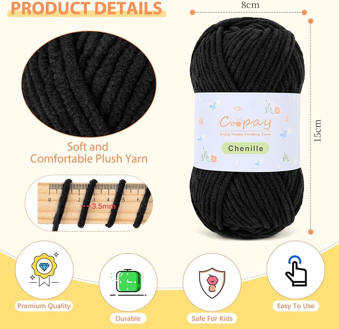 Coopay Chenille Yarn for Crochet, Medium Weight Yarn CYC #4, Black | Crochet Yarn Set - 400g Total, Soft Velvet Yarn for Colorful Crafts, Blankets, Plush Dolls, Decorative Handmade Works