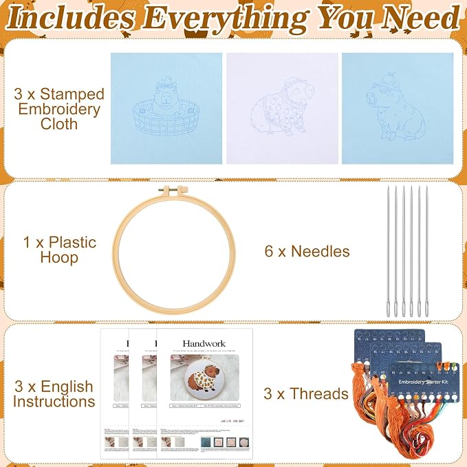 Mindsoft 3 Set Needlepoint Kit for Beginners with Hoop,Capybara | Bamboo Hoop Thread Needles Instructions, Easy Hand Embroidery for Beginners Home Crafts,Pre-stamped Funny Cute Designs