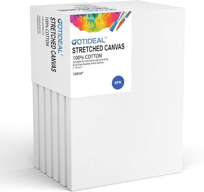 GOTIDEAL Stretched Canvas, 12x16 Inch Set of 6, Primed White - 100% Cotton Artist Canvas Boards for Painting, Acrylic Pouring, Oil Paint Dry & Wet Art Media | 100% Cotton Artist Canvas Boards for Painting, Acrylic Pouring, Oil Paint Dry & Wet Art Media