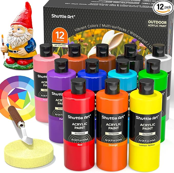Shuttle Art Outdoor Acrylic Paint Set, 12 Colors Outdoor Paint,16oz Large Bottles, Rich Pigmented Bulk Painting Supplies for Artists, Beginners on Rocks, Wood, Wall, Crafts, Garden Statues