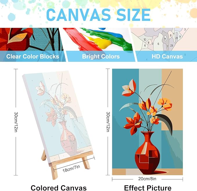 4 Pack Framed Paint by Numbers Kit for Adults with Wooden Easel, 8x12 Inch | Flowers Vase, Easy DIY Acrylic Canvas Craft Kit with Frame for Beginners, Home Decor, Stress Relief Relaxing Hobby Gift