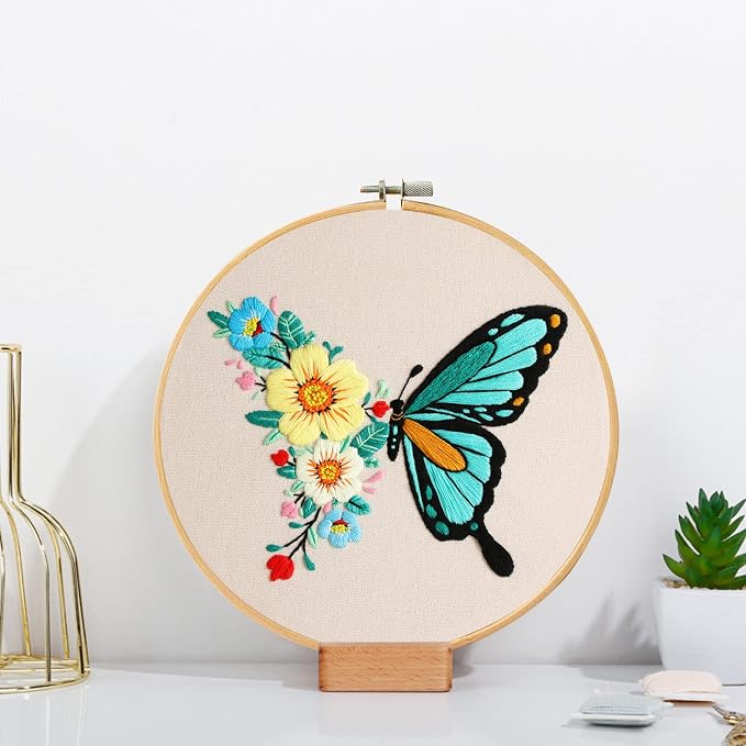 Santune 3 Pack Embroidery Kit for Beginners Adults Cross Stitch Kits with Butterfly Patterns and Instructions,DIY Hand Crafts with 1 Hoop,Threads and 6 Needles