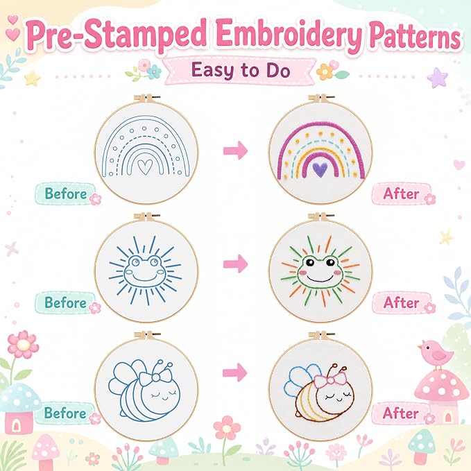 Nuberlic Embroidery Kit for Kids Ages 8+, 12 Pre-Stamped Crafts