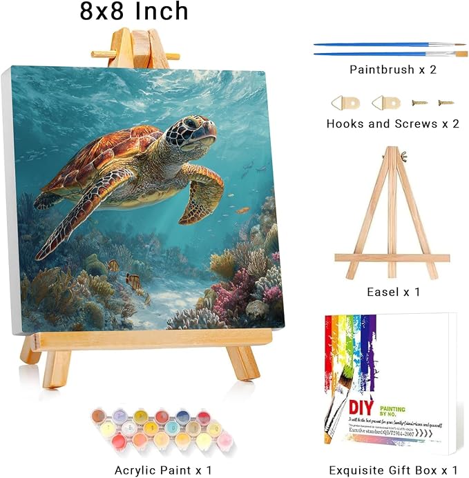 Framed Paint by Numbers Kit for Adults Beginner & Kids Ages 8-12 Sea Turtle Adult Paint by Number Kits on Canvas with Easel Animal Painting by Numbers for Adults with Frame DIY Painting Kits 8x8 Inch