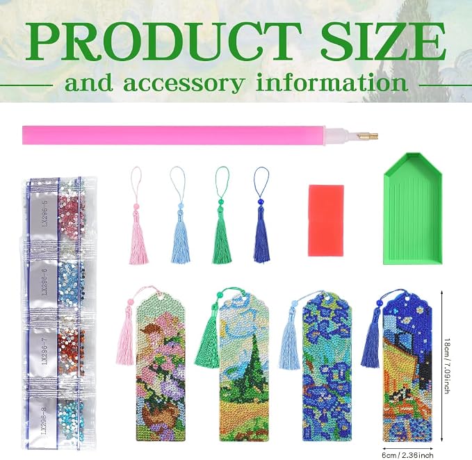 icceemee 4 pcs Oil Painting Themes Diamond Painting Bookmarks, DIY Diamond Art Kits for Adults, Book Corner - Protecting Bookmark Craft Supplies Kits for Book Lovers