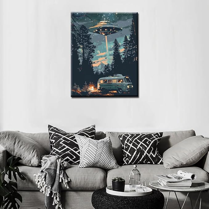 Tucocoo Starry UFO DIY Paint by Numbers for Adults Bus in Forest DIY Oil Painting Acrylic Paint Art Moon Stars Painting Kits Canvas with Acrylic Paint UFO Fantasy Decor 16x20 Inch （DIY Frame ）
