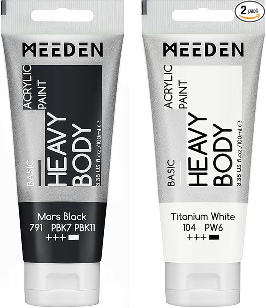 MEEDEN Acrylic Paint Mars Black: 100ml/3.38oz x 2 with Titanium White | Heavy Body Artist Acrylic Paint Set for Canvas, Wood & Craft, Non-toxic Creamy Art Paint with Titanium White for Mixing
