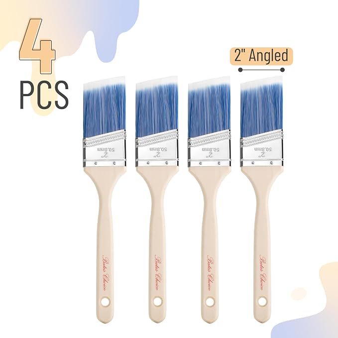 Bates- Angle Paint Brushes for Walls and Trim, 2 Inch, 4 Pack, Treated Wood Handle & Synthetic Bristles, 2 Inch Angled Paint Brushes for Trim, Stainless Steel Ferrule