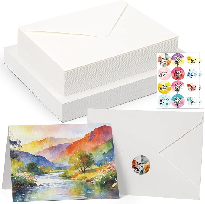 24 Sets Pre-Scored Folded Watercolor Cards with Envelopes & Seals – 4 x 6 Inches (Folded Size) Pure Cotton 300gsm Cold-Pressed Acid-Free Paper for Mother's Day, Wedding, Graduation & Greeting Cards