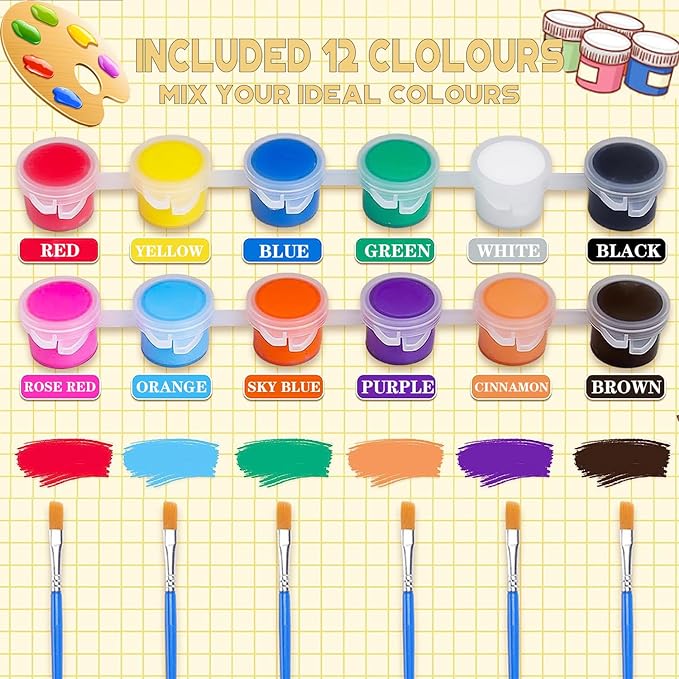 DUA MAIGA 280 Pcs Washable Acrylic Paint for Kids Arts and Crafts, 20 Gouache Watercolor Paint Sets of 12 Colors for Party Classroom Painting Supplies, 20 Flat and 20 Pointed Brushes
