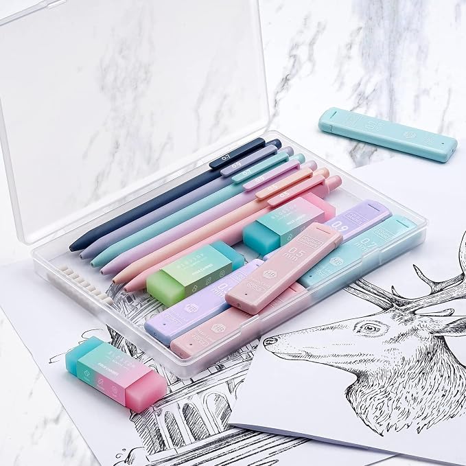Four Candies Pastel Mechanical Pencil Set with Case, 6-Pack | 0.5/0.7/0.9mm, 360 Leads, 3 Erasers, 9 Eraser Refills, Back to School Supplies for Girls, Cute Aesthetic Stationery