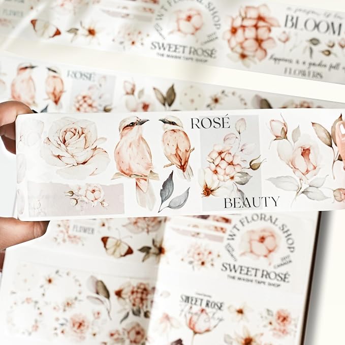 WT Pre-Cut Sweet Rosé Wide Washi Tape, Single Roll, Original Designs, Dreamy Rose Motifs & Subtle Handwritten Accents, Decorative Japanese Paper Tape for Journaling, Scrapbooking, Planner, DIY Crafts