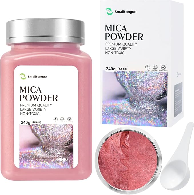 Mica Powder, Pink, 240g with Scoop, Complies with ASTM D-4236 | For Epoxy Resin, Soap, Bath Bomb, Candle| Safety Material| Odorless| Brilliant Colors