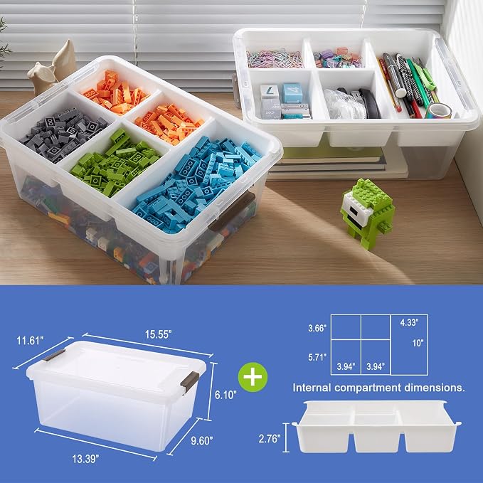 17QT Clear Plastic Craft Storage Box with Removable Tray & Lid - 2 packs | white container, art supply organizer for playdoh, sewing, beads & craft tools, space-saving stackable bins
