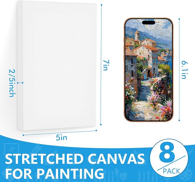 ESRICH Canvas for Painting 5x7, 8 Pack Stretched Small Canvases for Painting 2/5" Profile Primed Acid Free Painting Canvas for Kids for Oil Paint, Watercolor, Acrylic Paint, Gouache, Tempera.