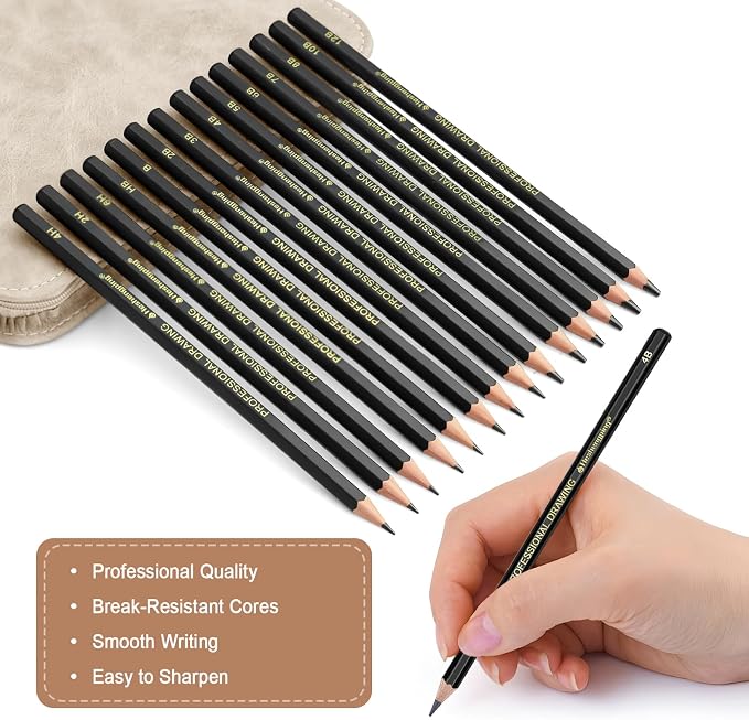 Heshengping, Sketching and Drawing Pencils Set 26pcs, Art Supplies Drawing pencil Kit,Graphite Charcoal Professional Pencils Set, Adults Beginners Artist