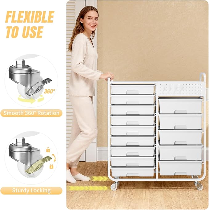 14 Drawer Rolling Storage Cart with Tabletop and Pegboard for Crafts White | Easy Setup, Large Capacity, Sturdy Build, Smooth Mobility, For classroom, office and dorm supplies