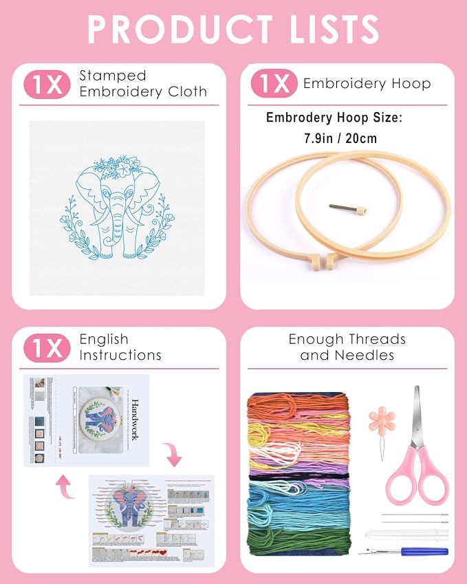 TINDTOP Embroidery Kit for Beginners Adult, Elephant Embroidery Kit for Beginners Include Embroidery Cloth Hoops Threads for Craft Lover Hand Stitch with Embroidery Skill Techniques | Include Embroidery Cloth Hoops Threads for Craft Lover Hand Stitch w...