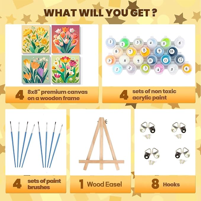 Sretoul 4 Pack Paint by Numbers Kit for Adults Framed Easel Flowers 8x8 in