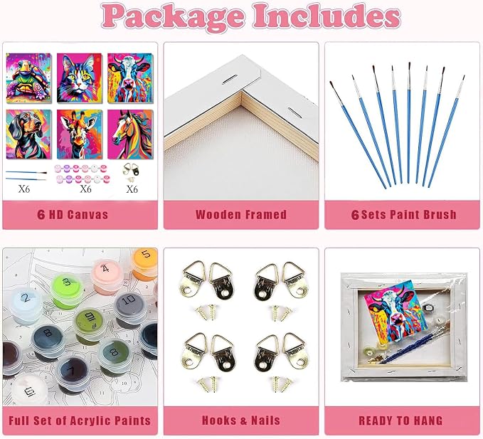 6 Pack Framed Paint by Numbers Kit for Kids, Horse Color By Number Painting Kits for Kids Ages 4-8-12, Cat Giraffe Paint by Numbers Canvas Children DIY Paints by Number Kits for Beginners 8x8Inch