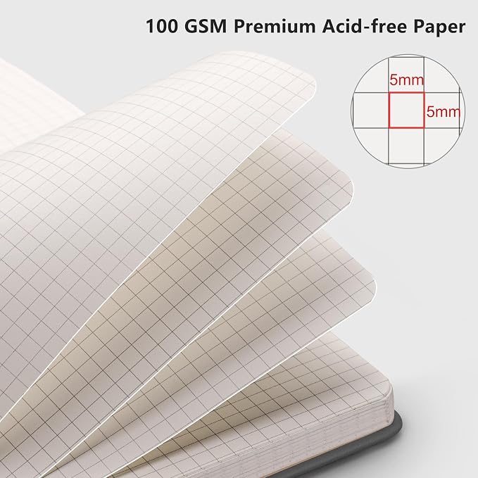 RETTACY Graph Grid Paper Notebook, 192 Pages, A5 Size (5.7'' x 8.3'') | 5 Squares per Inch, Leather Hardcover, 100 GSM Thick Paper, for School, Students, Math, Engineering (Gray)