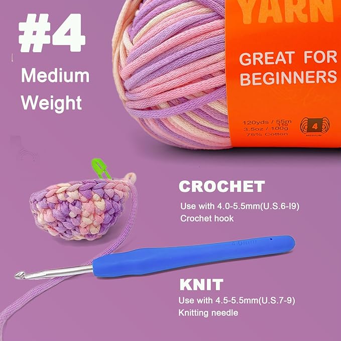 3.5Oz/120yds Beginner Easy Yarn for Crocheting and Knitting;Worsted-Weight Medium #4;Cotton Blend Yarn for Beginners Amigurumi DIY(Periwinkle,1 Skein)