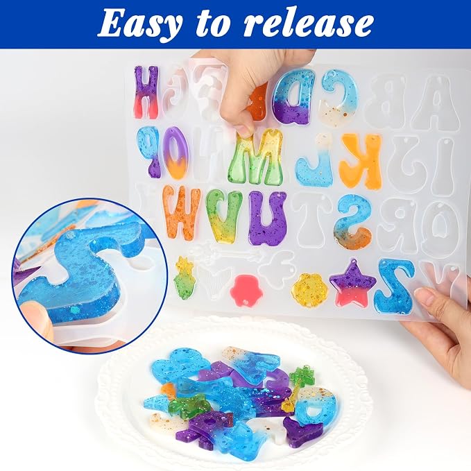 Alphabet Keychain Mold, Reversed Letter Keychain Silicone Molds with Holes, Alphabet Epoxy Resin Mold for DIY Jewelry Pendant Keychain (Ocean and Letter)