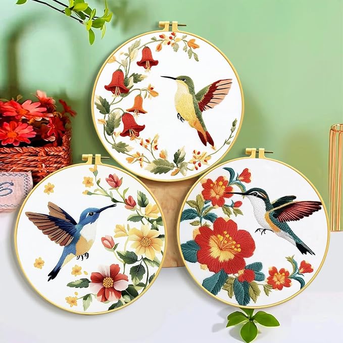Zhenqing 3-Piece Hummingbird Embroidery Kit for Beginners, Floral Bird Needlework Set with Pre-Printed Cotton Fabric, Hoop, Threads & Tools, Nature Garden Wall Decor (C0168)