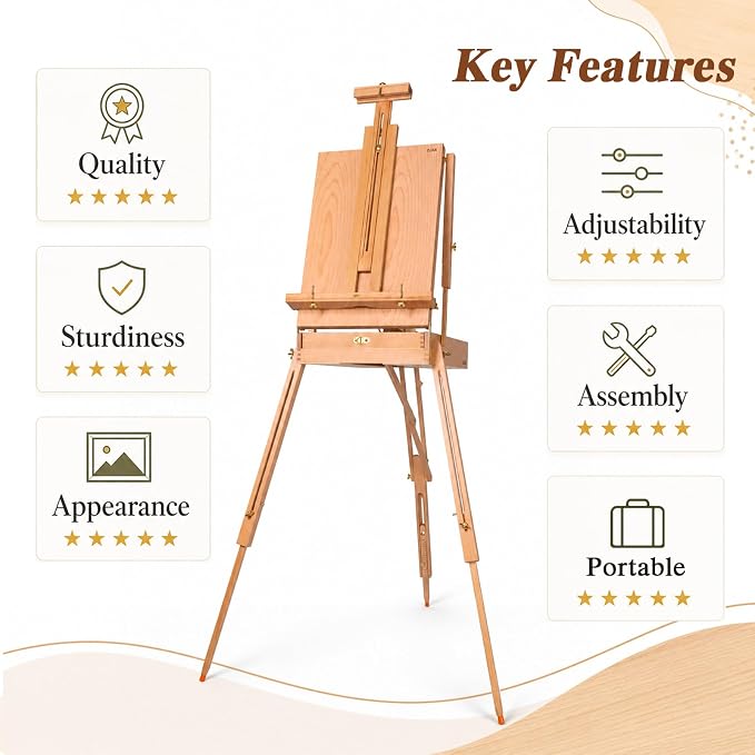 DJAR Beechwood French Easel with Shoulder Strap, Holds Canvas up to 34" | Adjustable, Palette, Level Instrument, Scale Leg, Outdoor & Indoor, Tabletop & Floor Use for Professional & Beginner Artists