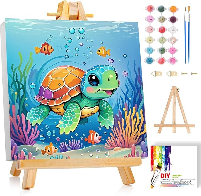 cviokrdu Turtles Paint by Numbers Kit for Kids with Frame - Wooden Easel, Sea Animals Paint by Numbers for Kids Ages 4 8 12, Easy Acrylic Oil Painting Kits for Home Wall Decoration 8x8 inch