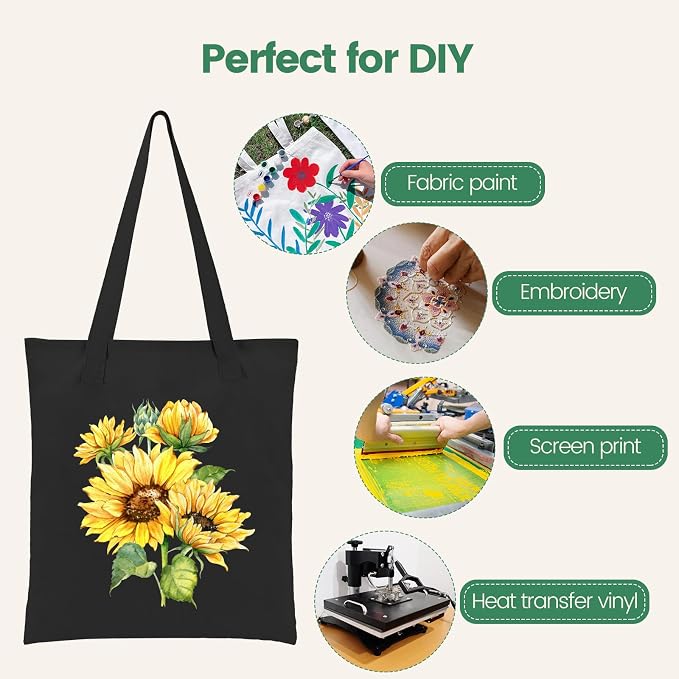 Carbrea 12 Pack Thin Canvas Tote Bags Bulk, Reusable Grocery Bags - Black | Lightweight, 5oz Natural Canvas, Reinforced Stitches, Blank Design, Ideal for Shopping DIY Sublimation Activity Gift