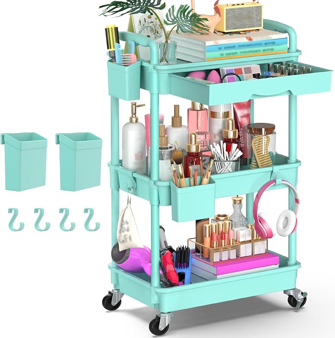 Goovilla 3 Tier Rolling Utility Cart Organizer with Removable Drawer, Blue | Stable and Sturdy Rolling Storage Carts with 2 Lockable Wheels for Bathroom, Kitchen, Snack, Craft, Makeup, Baby Essentials