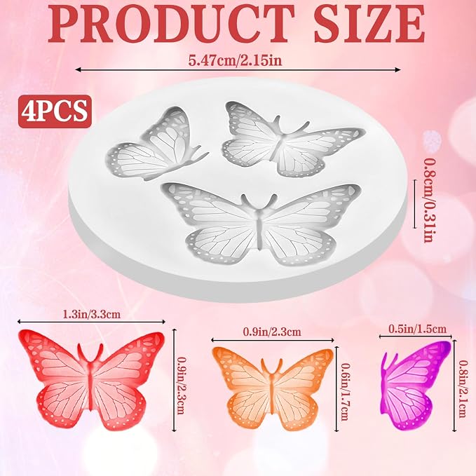4Pcs Butterfly Silicone Chocolate Molds Cake Decoration Non-stick Cute Moulds Ice Cube Tray Homemade DIY Tool Crafts Polymer Clay for Baking Cupcake Soap