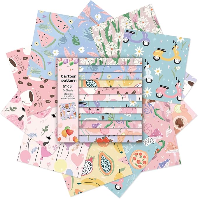 Scrapbook Paper, 24 Sheets 6"×6" 160gsm Single-Sided Patterned Cardstock