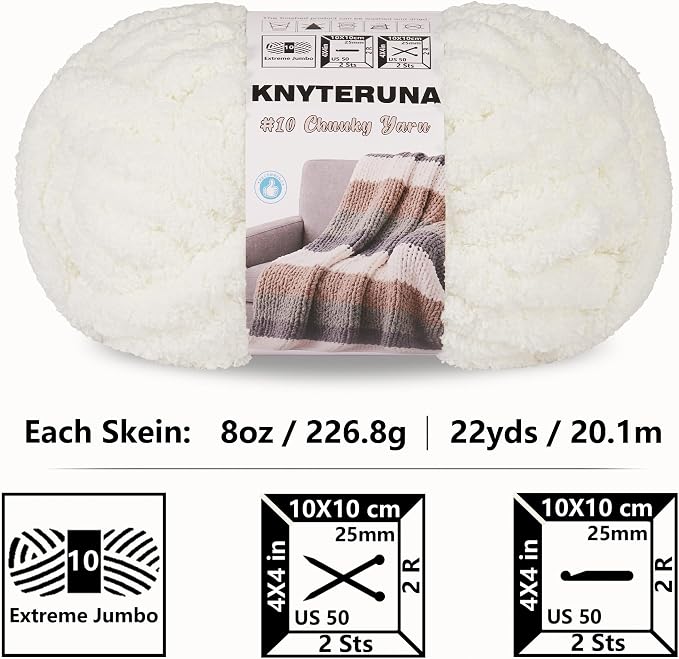 Chunky Yarn for Hand Knitting, #10 Chunky Blanket Chenille Yarn, Large Bulky Thick Jumbo Yarn, Super Chunky Knit Yarn for Crocheting, 8 Skein (8 oz 22 yds Each Skein), Cream