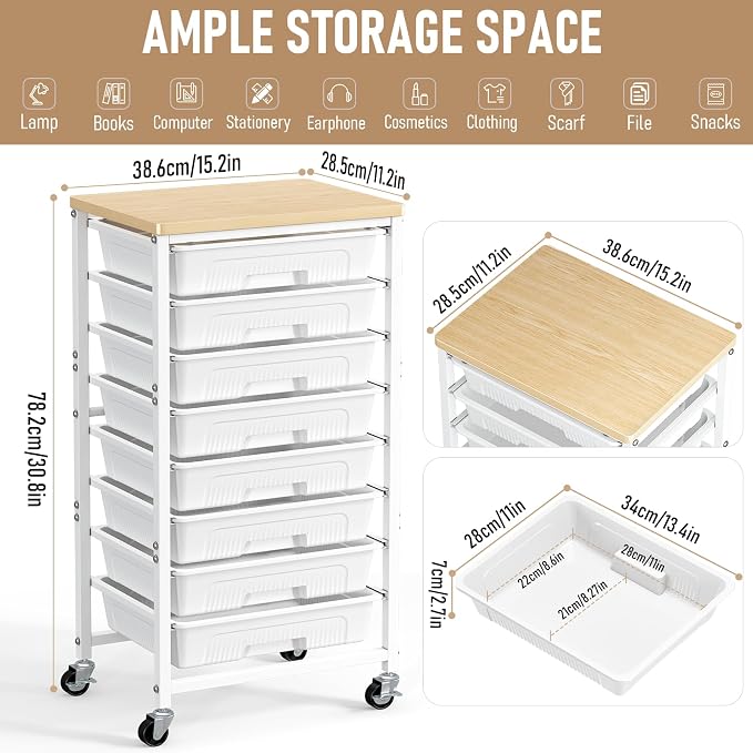caktraie 8-Drawers Rolling Cart, Craft Storage Utility Cart, White layer