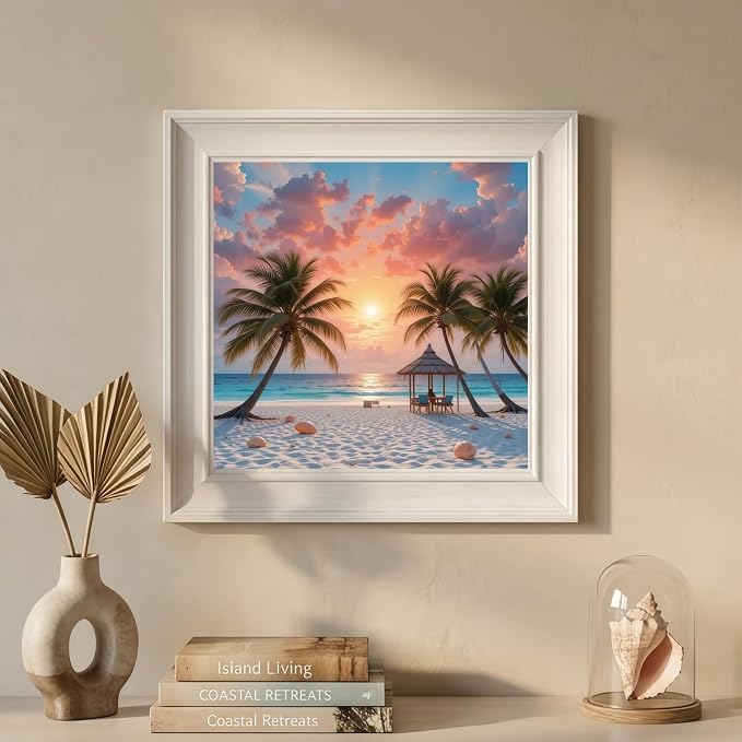 5D Beach Sunset Diamond Art kits for Adults Beginners 13.8x13.8inch | Coastal Ocean Palm Trees Diamond Painting Kit, DIY Full Round Drill Paint by Diamonds Dot Gem Art for Adult, Home Wall Decor