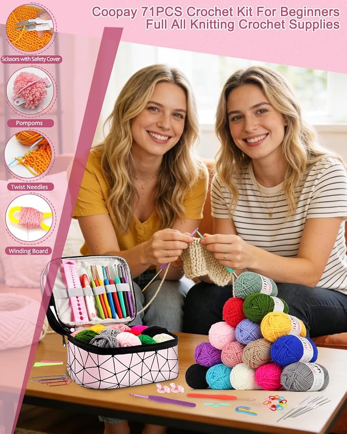 Coopay Crochet Kit for Beginner, Crochet Starter Kit with Portable Case | Complete Beginner Crochet Kits for Kids Adults with Easy-to-Follow Tutorial-Learn-to-Crochet Set, Ideal Gift for Women &Girls