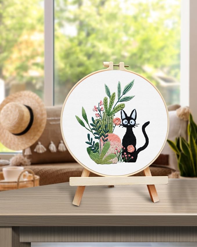 TINDTOP Embroidery Kit for Beginners Adult, Cat Embroidery Kit | Include Embroidery Cloth Hoops Threads for Craft Lover Hand Stitch with Embroidery Skill Techniques