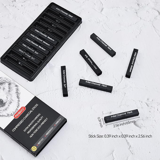 PANDAFLY Compressed Charcoal Sticks, 12 Pack, Soft Medium & Hard | Black Square Vine Charcoal Sticks for Drawing, Sketching, Shading, Charcoal Drawing Set for Beginners & Pro Artists