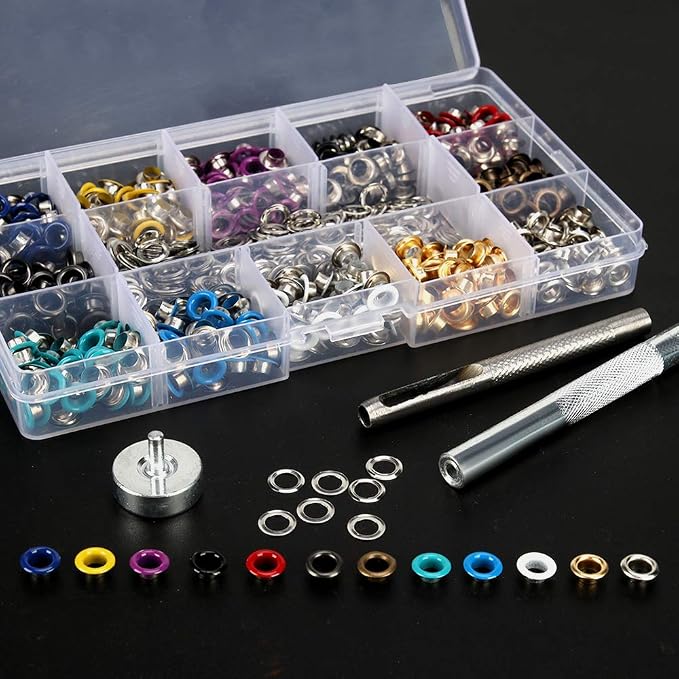 Metal Eyelets, 600Pcs 12 Colors 3/16 inch Metal Grommets Kit, Multi-Color Grommets Kit, Metal Eyelets Set with 3 Pieces Installation Tool and Storage Box for DIY Shoes Clothes Crafts Bag