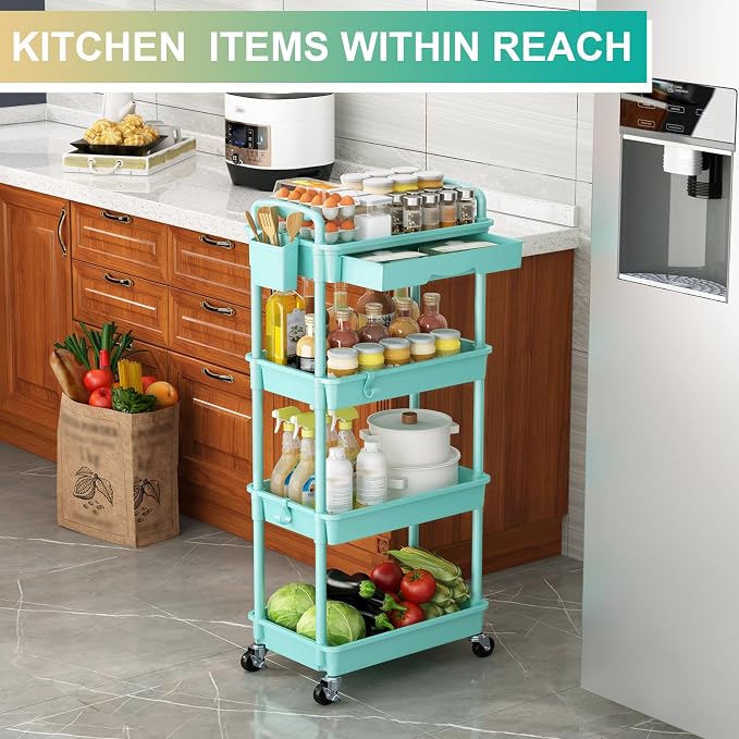 Goovilla 4 Tier Rolling Utility Cart Organizer with Removable Drawer, Blue | Stable and Sturdy Rolling Storage Carts with 2 Lockable Wheels for Bathroom, Kitchen, Snack, Craft, Makeup, Baby Essentials