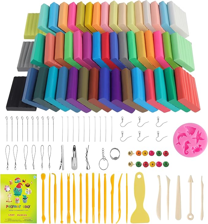 CyAJM Polymer Clay, 50 Colors, Oven Bake Modeling Clay Kit,Creative Gift | DIY Crafts for Jewelry, Miniatures, Keychains & Home Decor, Art Gift for Beginners and Pros