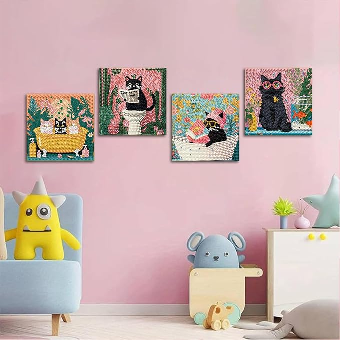 ICYANART 4 Pack Cat Diamond Art for Kids, Cat Diamond Art Kids Easy 6x6Inch | Cat Diamond Art for Kids Ages 4-6-8-12 , Small Diamond Art Kits for Kids, Easy Art and Craft for Kids (no Frame)